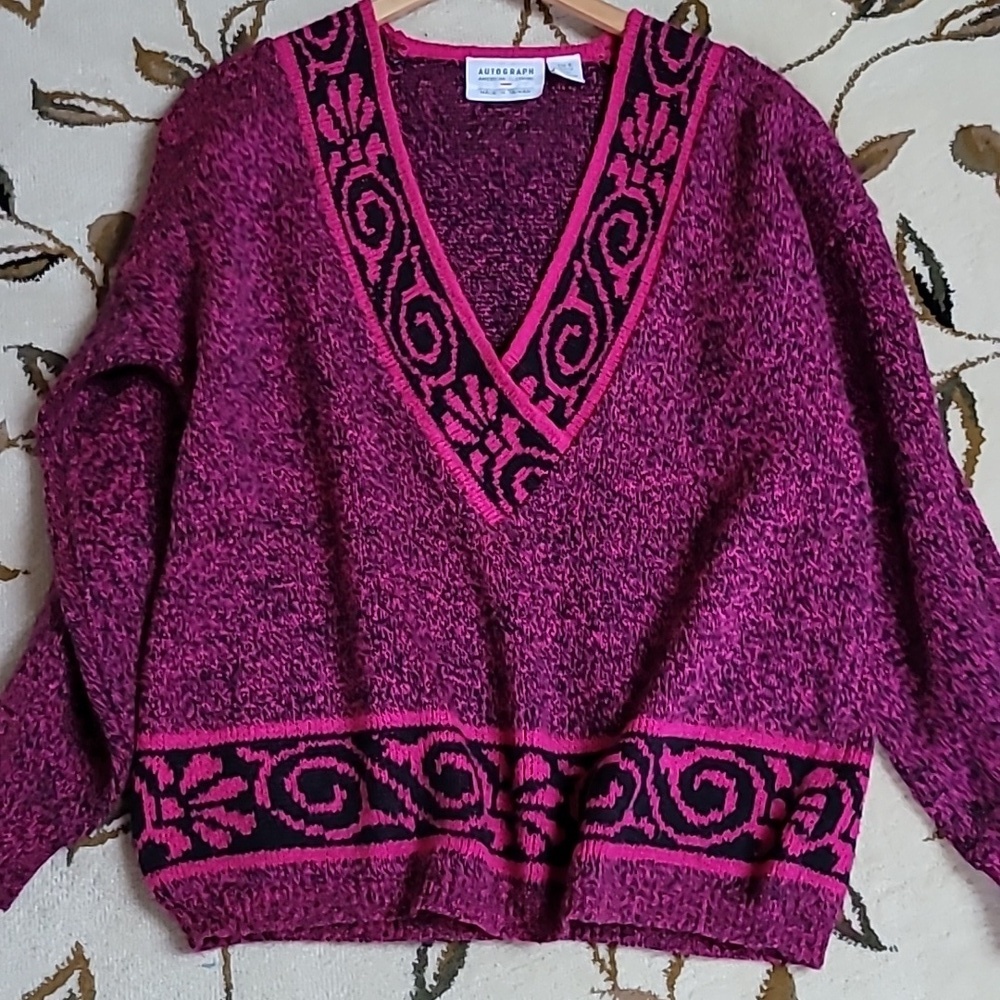 Vintage Autograph American Clothing Womens Sweater V Neck Magenta & Black, Sz S